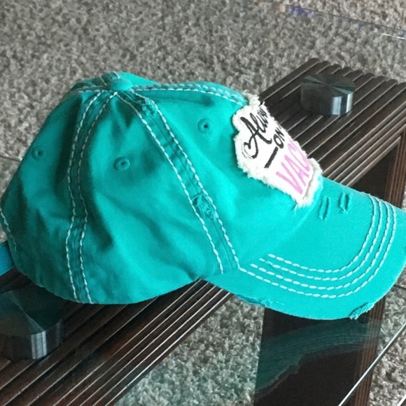 Cutest NWOT Kbethos Always on Vacay Turquoise Green Distressed Baseball Cap - Picture 4 of 8